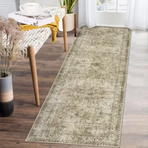 Persian Brown & Khaki 2x6 Runner Rug, Vintage Distressed Floral Washable Traditional Indoor Carpet for Hallway Living Room Bedroom