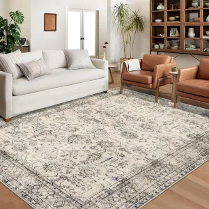 Persian Antique Beige 6x9 Ultra-Thin Rug, Vintage Floral Distressed Rug Tribal Floral Printed Rug Washable Rug Non Slip Foldable Rug for Living Room Bedroom Nursery Home Office Low Pile Non-Shedding Rug