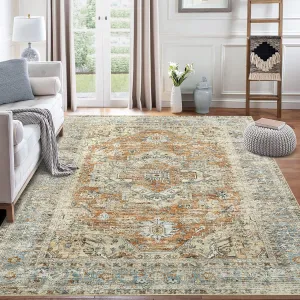 Washable Rugs for Living Room Orange 3x5 Rug Non Slip Rubber Backing Vintage Medallion Design Boho Distressed Area Rug Floor Mat Low Pile Rugs for Bedroom Dining Room Laundry Nursery Rug