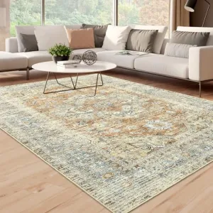 Washable Rug Vintage Rug 2x3 Entrance Mat Oriental Kitchen Rug Tribal Accent Rug for Living Room Bedroom Nursery Distressed Indoor Rug Low Pile Non Slip Orange