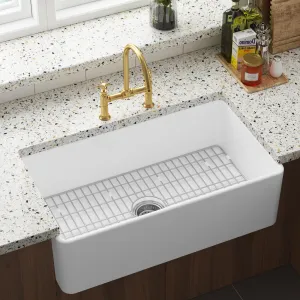 33 Inch Fireclay Farmhouse Sink, Deep Single Bowl, Durable Ceramic Porcelain, Bottom Grid & Strainer, Kitchen