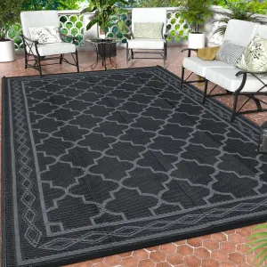 Outdoor Black Grey 10x14 Rug, Waterproof Reversible Plastic Straw Mat Modern Geometric Trellis UV-Resistant Portable Carry Bag Patio RV Camping