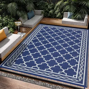 Outdoor Dark Blue 6x9 Rug, Waterproof Reversible Plastic Straw with UV Resistance, Easy Cleaning, Patio Porch Deck Balcony Camping