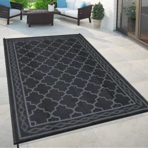 Outdoor Black Grey 5x8 Waterproof Reversible Mat for Patio Clearance Camping RV Plastic Straw Rug Outside Indoor Outdoor Area Rug Moroccan Print Rug for Backyard, Deck, Picnic, Porch