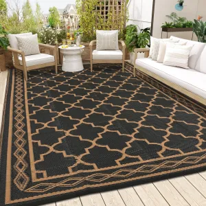 9x12 Outdoor Rug Waterproof Reversible Patio Carpet for Deck Backyard Balcony RV Camping Black/Brown