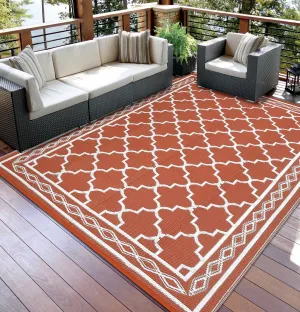 Outdoor Brick Red 9x12 Rug, Waterproof Reversible Plastic Straw Rug UV Resistant Easy Clean with Carry Bag & Stakes for Patio Camping