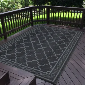 Outdoor Black Grey 8x10 Rug Carpet Waterproof Reversible Patio Rug Moroccan Print Camping Rug Plastic Straw Rug Geometric Rv Mat for Camping Picnic Backyard Deck Balcony Porch Beach