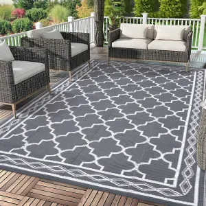 Outdoor Grey 10x14 Rug – Geometric Textured Waterproof Stain-Resistant Foldable Polypropylene Rug for Garden, Patio, or Poolside