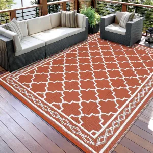 Outdoor Brick Red 8x10 Waterproof Rug Reversible Geometric Trellis Pattern Durable PP Plastic UV-Resistant Foldable Patio Mat for RV Camping Picnic