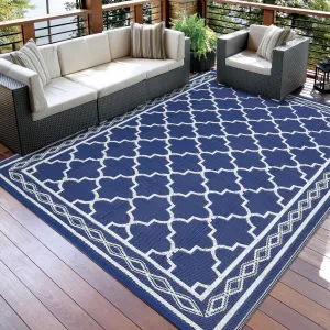 Outdoor Dark Blue 8x10 Rug, Reversible Plastic Straw Mat, UV Stable & Waterproof, Durable Polypropylene, Fade Resistant Edging, Navy/White Geometric, Patio & Camping