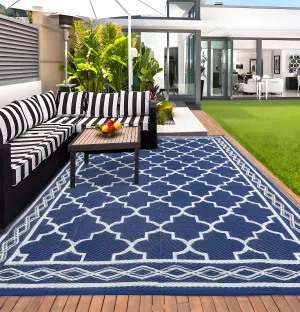 Outdoor Dark Blue 10x14 Waterproof Plastic Straw Rug, Reversible, UV-Resistant, Portable with Carry Bag & Stakes for Patio RV Camping