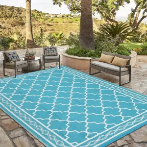 Outdoor Light Blue 10x14 Waterproof Reversible Plastic Straw Rug, - Durable, UV Resistant - Soft Polypropylene - Easy Clean, Portable - Patio, Camping, RV Deck