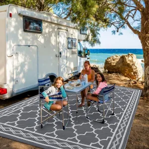 Outdoor Grey 9×18 Large Waterproof Plastic Straw Moroccan Rug Easy-Cleaning Outdoor Area Rug Carpet Rv Mat Outdoor Patio Camping Rug for Picnic Backyard Deck Balcony Porch