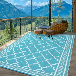 Outdoor Light Blue 5x8 Waterproof Rug – Plastic Straw Moroccan Rug for Patio, Camping, Picnic, Backyard, Deck, Balcony, or Porch