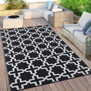 Outdoor Black & White 6x9 Rug, Waterproof Reversible Plastic Straw Geometric Carpet for Camping, RV, Backyard, Deck, Patio