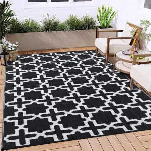 Outdoor Black & White 5x8 Rug, Waterproof Reversible Plastic Straw Geometric Carpet for Camping, RV, Backyard, Deck, Patio