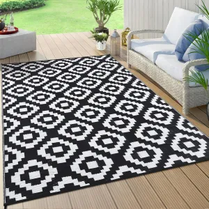Outdoor Black & White 10x14 Waterproof Outdoor Plastic Straw Rug for Camping with Carry Bag, Reversible Easy Cleaning Portable Border Floor Mat Outside Carpet for RV Patio Backyard Deck Picnic