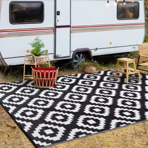 Outdoor Black & White 9x12 Reversible Waterproof Rug, Plastic Straw Modern Geometric Washable Mat for Patio RV Pool Deck Camping Beach