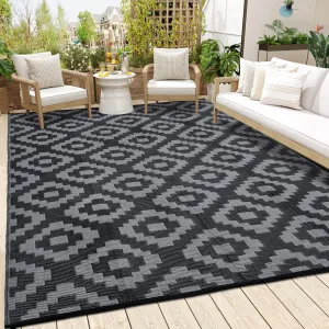 Outdoor Black & Grey 9x18 Rug for Patios Waterproof Reversible Mats Plastic Straw Rug Modern Geometric Floor Mat for Patio Porch RV Backyard Pool Deck Picnic Beach Trailer Camping Diamond