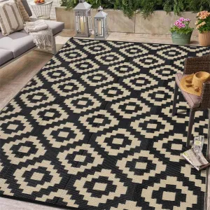 Outdoor Black & Coffee 9x12 Rug for Patios Reversible Mats Waterproof Plastic Straw Rug Modern Geometric Floor Mat for Patio Porch RV Backyard Pool Deck Picnic Beach Trailer Camping