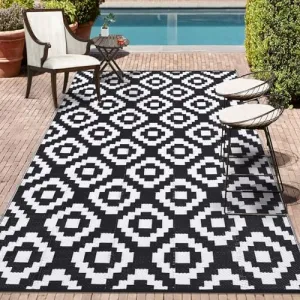 Outdoor Black & White 9x18 Rug Waterproof Reversible Plastic Straw Camping Carpet Large Area Rugs Mats for RV Backyard Patio Deck Picnic Camping Beach Trailer, Outdoor Modern Area Rugs