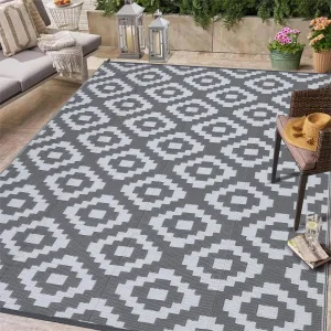 Outdoor Grey & White 9x12 Rug for Patios Reversible Mats Waterproof Plastic Straw Rug Modern Geometric Floor Mat for Patio Porch RV Backyard Pool Deck Picnic Beach Trailer Camping
