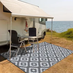 Outdoor Grey & White 5x8 Rug Reversible Plastic Straw Patio Mat, Waterproof Modern Diamond Pattern Rug for RV, Backyard, Deck, Beach, Camping