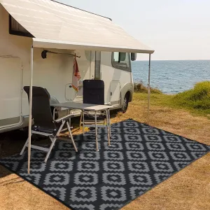 Outdoor Black & Grey 10x14 Rug Waterproof Reversible UV-Resistant Plastic Straw Rug with Carry Bag and Stakes for Camping Patio Deck