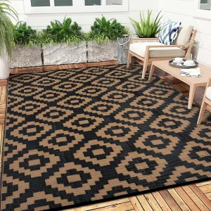 Outdoor Black & Brown 9x12 Waterproof Outdoor Plastic Straw Rug for Camping with Carry Bag, Reversible Easy Cleaning Portable Border Floor Mat Outside Carpet for RV Patio Backyard Deck Picnic