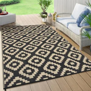 Outdoor Black & Coffee 10x14 Rugs Waterproof Reversible Patio Mat Plastic Straw Lightweight Modern Geometric Design with Stake Loops for Camping RV Backyard