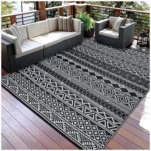 Outdoor Black & White 9x18 Reversible Rug, Waterproof Mat, Modern Bohemian Style, PP Plastic, Easy to Clean, Portable, for Camping, Patio, Deck