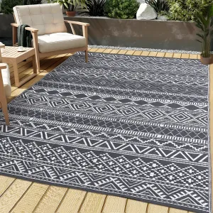 Outdoor Grey & White 9x18 Boho Rug, Reversible Waterproof PP Plastic Carpet for Patio, Camping & RV | Easy Clean Portable
