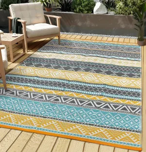 Outdoor Teal & Yellow 10x20 Large Outdoor Rug Waterproof Reversible Durable Polypropylene UV Resistant Portable Camping Mat with Carry Bag and Stakes for Patio Deck Picnic