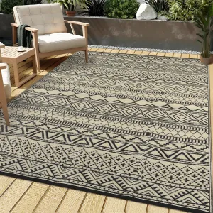 Outdoor Black & Coffee 10x14 Area Rug Non-Slip Stain-Resistant Fade-Resistant Plastic Washable Portable Camping Picnic Beach Mat Balcony Patio