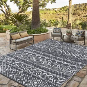 Outdoor Grey & White 6x9 Boho Rug, Reversible Waterproof PP Plastic Carpet for Patio, Camping & RV | Easy Clean Portable