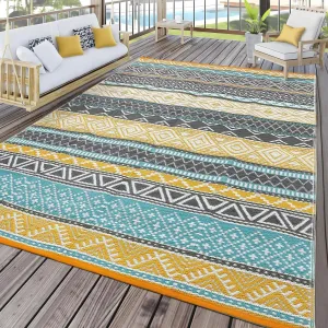 Outdoor Teal & Yellow 8x10 Plastic Straw Rug Waterproof Reversible Durable Plastic Straw Non-Slip UV-Resistant Patio Garden RV Camping Mat