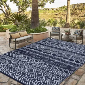 Outdoor Navy Blue & White 9x12 Boho Rug, Waterproof UV/Stain Resistant Recyclable Plastic Straw Carpet for Camping, Backyard & Deck