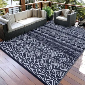 Outdoor Navy Blue & White 5x8 Rug, Waterproof Reversible Mat for Patio Clearance Camping RV Plastic Straw Rug Outside Indoor Outdoor Area Rug Boho Print Rug for Backyard, Deck, Picnic, Porch