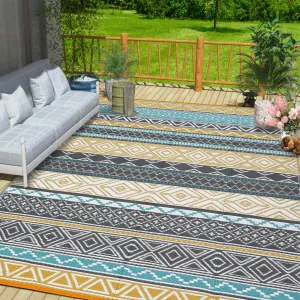 Outdoor Teal & Yellow 9x12 Patio Rug, Plastic Straw Waterproof UV-Resistant Reversible with Stakes Portable for RV Deck Picnic