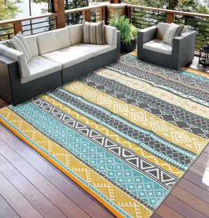 Outdoor Teal & Yellow 5x8 Rugs, Waterproof Reversible Geometric Pattern Polypropylene UV Resistant Portable with Carry Bag for Patio Camping