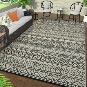 Outdoor Black & Coffee 9x18 Reversible Rug, Modern Plastic Straw Waterproof Mat for Patio RV Deck Camping Backyard