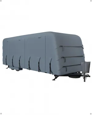 Travel Trailer Rv Cover, Windproof Camper Cover with Extra-Thick 6 Layers Anti-Uv Top Panel, Breathable, Water-Proof, Rip-Stop with 2Pcs Extra Straps & 4 Tire Covers, Fits 30'-33' Motorhome