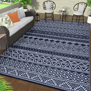 Outdoor Navy Blue & White 9x18 Reversible Rug, Waterproof Mat, Modern Bohemian Style, PP Plastic, Weatherproof, Easy to Clean, Black&Navy, for Camping, Patio, RV