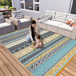 Outdoor Teal & Yellow 6x9 Rug Reversible Waterproof Portable Plastic Straw Camping Mat Durable UV Stable Eco-Friendly Patio Deck Balcony Boho