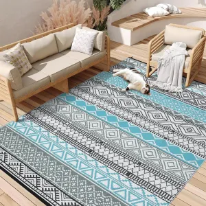 Outdoor Blue & Grey 8x10 Area Rug Plastic Water-Resistant Non-Slip Fade-Resistant Lightweight Portable Camping Picnic Mat