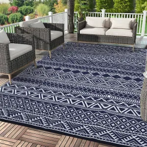 Outdoor Navy Blue & White 6x9 Reversible Rug, Modern Bohemian Style, Weatherproof, Durable PP Plastic, Easy to Clean, Portable, Perfect for Patio, Deck, Backyard