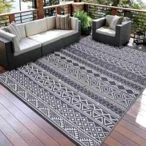 Outdoor Grey & White 5x8 Boho Rug, Recycled Plastic Straw Waterproof UV/Stain Resistant Carpet for Patio, RV, Camping with Stakes