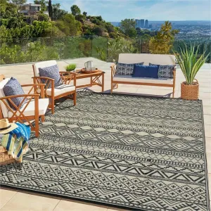 Outdoor Black & Coffee 6x9 Reversible Rug. Waterproof Plastic Straw Mat, Modern Bohemian Style, Eco-friendly, Easy to Clean, Portable, Suitable for Patio, Porch, Deck, Backyard, Picnic