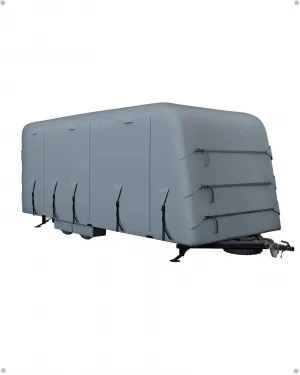 Travel Trailer Rv Cover, Windproof Camper Cover with Extra-Thick 6 Layers Anti-Uv Top Panel, Breathable, Water-Proof, Rip-Stop with 2Pcs Extra Straps & 4 Tire Covers, Fits 24'-27' Motorhome