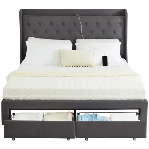 Queen Size Bed Frame with 2 Storage Drawers & USB Charging Station, Upholstered Platform Bed Frame with Type-C,Wingback Storage Headboard /Sturdy Wooden Slats Support/No Box Spring Needed/Dark Grey